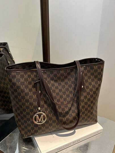 LONGLUAN elegante Shopper-Tasche - gemischter Hahnentrittmuster-Muster mit Buchstabenanhänger, große Kapazität, Reißverschluss, Polyesterfutter, Schulter- und Handtaschenträger, stilvolle Alltagsnotwendigkeiten, stilvolle Schultertasche | Chic Shopper | Glänzende Oberfläche, Tasche