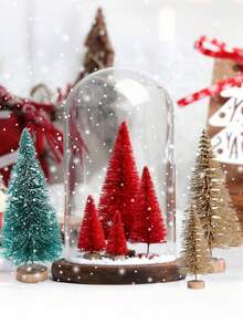 6 piezas - Árboles de Navidad rojos miniatura artificiales, árboles de cepillo de botella con base de madera, árbol de Navidad de sisal con escarcha artificial, manualidades DIY de mini pino para decoración navideña, fiesta de Navidad, hogar, decoración de mesa, adornos de invierno (Rojo)
