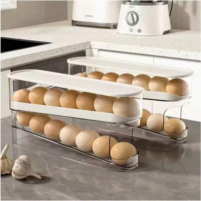2-Tier Rolling Egg Dispenser Organizer - Food- Plastic Space-Saving Refrigerator Storage Rack With Transparent Design For Easy Egg Access & Breakage Prevention, Ladderstyle Rack, Egg Holder For Refrigerator