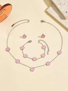 4pcs/Set Stainless Steel Fashionable Clover Flower Stud Earrings, Bracelet, Necklace Set For Women (Clover Welding Position Random)