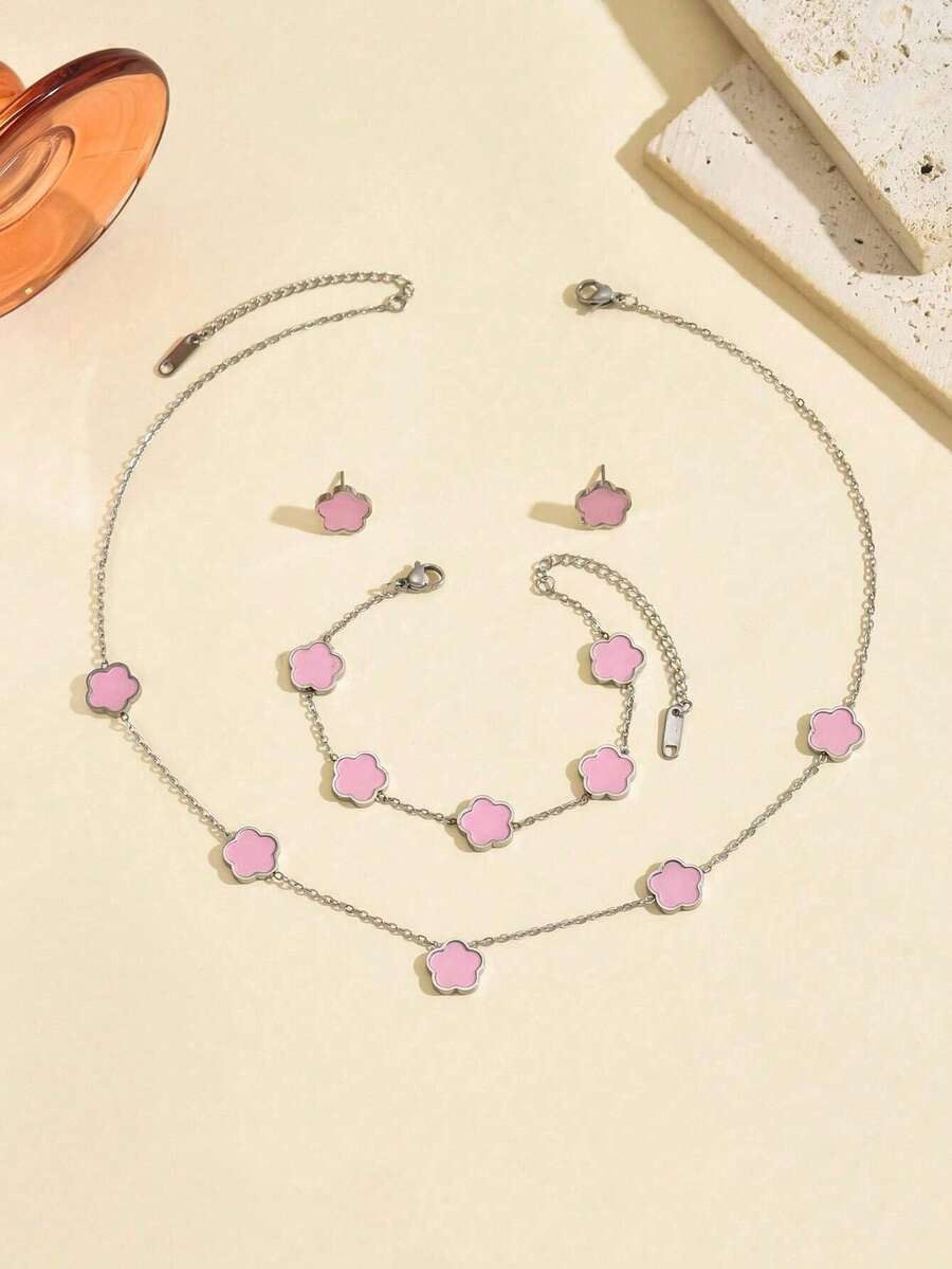 4pcs/Set Stainless Steel Fashionable Clover Flower Stud Earrings, Bracelet, Necklace Set For Women (Clover Welding Position Random)