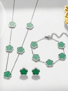 4pcs/Set Stainless Steel Fashionable Clover Flower Stud Earrings, Bracelet, Necklace Set For Women (Clover Welding Position Random)