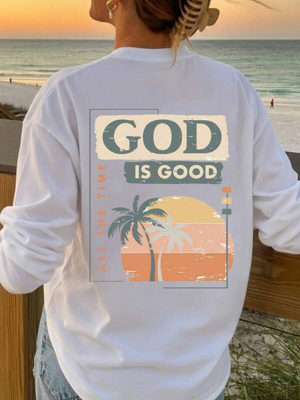 Maglietta a girocollo a maniche lunghe con stampa palme, stile casual, collezione autunno/inverno, taglie comode, per donna