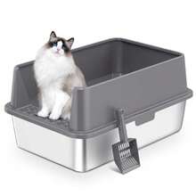 Aumerage Large Stainless Steel Cat Litter BoxMetal Litter Pan Tray With High Wall Sides Enclosure For Big Cats With Scooper AntiLeakage NonSticky Easy Cleaning