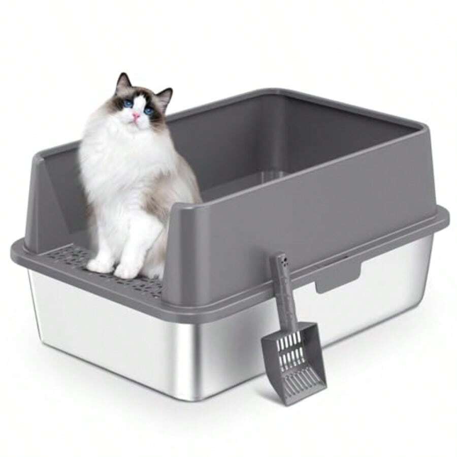 Aumerage Large Stainless Steel Cat Litter BoxMetal Litter Pan Tray With High Wall Sides Enclosure For Big Cats With Scooper AntiLeakage NonSticky Easy Cleaning