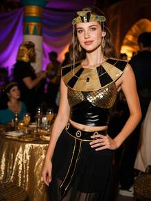 Egyptian Queen Cleopatra Costume, Black And Gold Dress With Scale Collar, Headpiece And Belt, Adult Standard Size