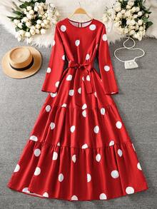 Vestido largo con estampado de lunares para mujer con cintura con cinturón y dobladillo con volantes, vestido de manga larga con cuello redondo para invitada de boda, vacaciones, días festivos, uso en el hogar y diario en otoño, invierno y primavera - Rojo - Ver 3