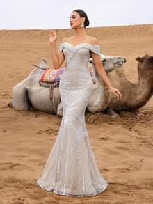 Faeriesty Đầm dạ hội đuôi cá trễ vai thanh lịch đính sequin và hạt cườm, cổ áo hình trái tim và điểm nhấn ngọc trai giả – Chân váy xòe đuôi cá ấn tượng, thích hợp cho đám cưới, dạ hội, tiệc trang trọng và các sự kiện thảm đỏ mùa xuân. - Màu be - Xem 10