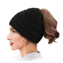 Lazy Ponytail Hole Design, Knitted Ponytail Hat For Women In Autumn And Winter, Lazy Wind Wool Hat, Versatile And Warm - 黑色 - 查看 9
