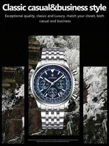 1 buc. Ceasuri de cuarț pentru bărbați la modă, din oțel inoxidabil multifuncțional, cronograf cu dată, impermeabil, cu indicator luminos, ceas de mână potrivit pentru ocazii de afaceri