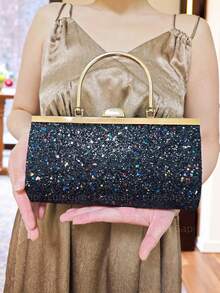 Glitter Sequin Evening Clutch Bag For Women - Metal Top Handle & Detachable Chain Strap, Sparkly Handbag For Party, Prom, Gala (Multiple Colors Available)