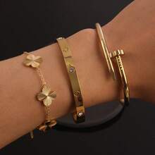 1pc/3pcs Stainless Steel 18K Gold Plated High Quality Four-Leaf Clover Diamond Women Bangle Bracelet, Suitable For Women's Daily Wear, Christmas Gift, Holiday Gift