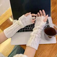 1 Pair Solid Color Casual Knitted Fingerless Gloves/Arm Warmers For Women, Y2K Autumn/Winter Long Knitted Half-Finger Warm Gloves