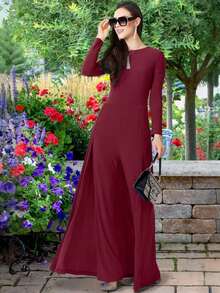 KOH KOH Women's Long Sleeve Crew Neck Maxi Jumpsuit With Pockets Flowy Overlay Cape Train High Waist Pull On Soft Stretch Stretchy Jersey Knit Comfortable Comfy Dressy One Piece Pantsuit Wide Leg Palazzo Pants Full Length Floor Length Loose Fit Modest Elegant Simple Solid Classy Slimming Flattering Draped Romper Timeless Classic Bridesmaid Wedding Guest Mother Of The Bride Or Groom Prom Evening Glam Cocktail Party Semi Formal Or Formal Black Tie Gala Engagement Anniversary Graduation Homecoming Church Choir Sunday Baptism Funeral Baby Shower Bridal Shower Office Workwear Business Meeting Dinner Date Night Holiday Vacation Travel Cruise Spring Summer Fall Autumn Garden Party Beach Wedding Nightclub Club Clubbing Petite And Plus Size Tall Curve Curvy Maternity Friendly Photoshoot Outfit For Girls And Women - 深紅色 - 查看 1