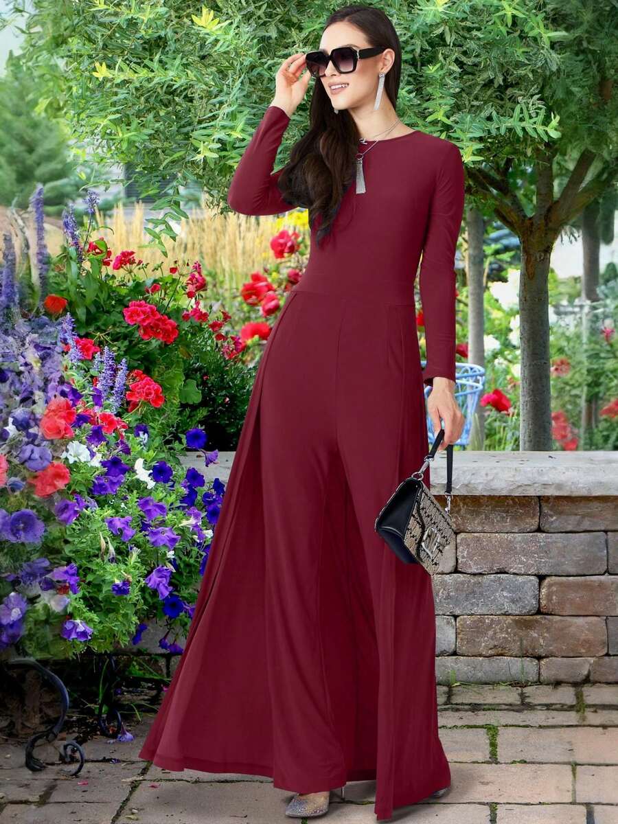 KOH KOH Women's Long Sleeve Crew Neck Maxi Jumpsuit With Pockets Flowy Overlay Cape Train High Waist Pull On Soft Stretch Stretchy Jersey Knit Comfortable Comfy Dressy One Piece Pantsuit Wide Leg Palazzo Pants Full Length Floor Length Loose Fit Modest Elegant Simple Solid Classy Slimming Flattering Draped Romper Timeless Classic Bridesmaid Wedding Guest Mother Of The Bride Or Groom Prom Evening Glam Cocktail Party Semi Formal Or Formal Black Tie Gala Engagement Anniversary Graduation Homecoming Church Choir Sunday Baptism Funeral Baby Shower Bridal Shower Office Workwear Business Meeting Dinner Date Night Holiday Vacation Travel Cruise Spring Summer Fall Autumn Garden Party Beach Wedding Nightclub Club Clubbing Petite And Plus Size Tall Curve Curvy Maternity Friendly Photoshoot Outfit For Girls And Women - 深紅色 - 查看 1