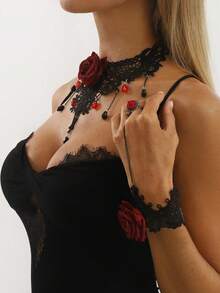 Naszyjnik choker w stylu gotyckiej lolity z motywem róży, odpowiedni na Halloween, wesela i do noszenia na co dzień