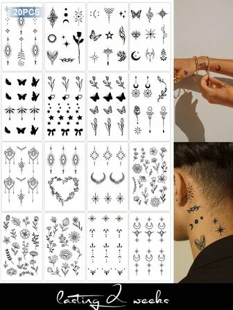 果汁纹身，采用天然植物成分制成，半永久纹身，极简主义纹身贴纸，简单细线花卉蝴蝶星星月亮图案，临时假纹身适用于手指、耳朵、肩膀、颈部、锁骨、身体、日常聚会、节日礼物、身体装饰，1-2周，不褪色，不反光，防水，逼真纹身贴纸