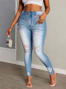 Winter Minimalist Versatile Denim Effect Skinny Fleece Leggings - Baby Blue - View 1