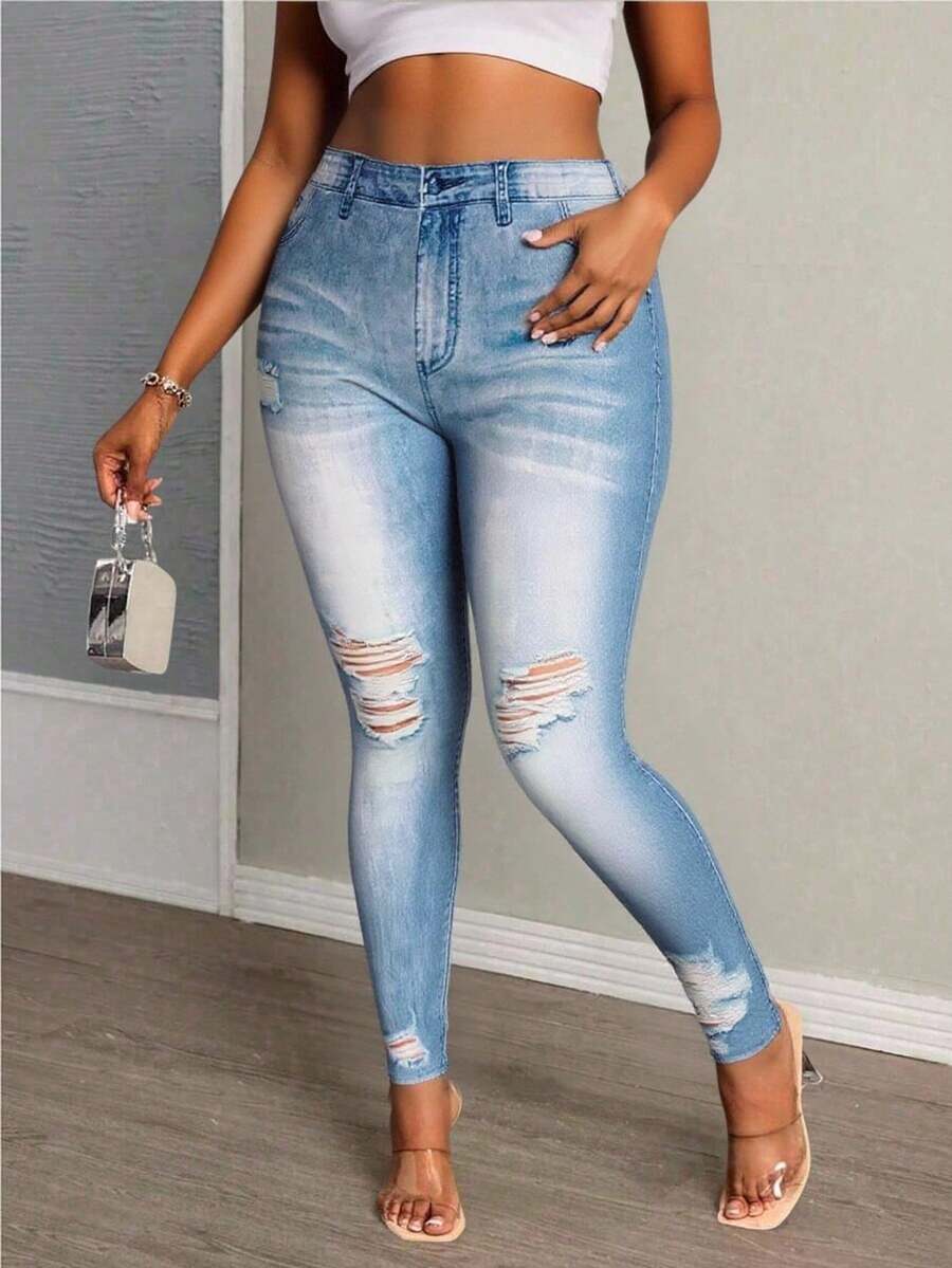 Winter Minimalist Versatile Denim Effect Skinny Fleece Leggings - Baby Blue - View 1