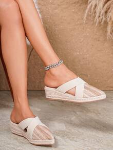 女士时尚草编绳杏色透气镂空尖头坡跟鞋 - 彩色 - 查看 5