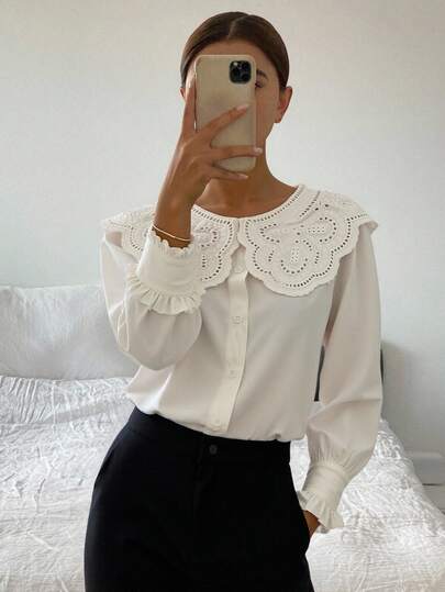 Livesso Eyelet Embroidery Statement Collar Flounce Sleeve Blouse,Long Sleeve Tops,Fall Women Clothes