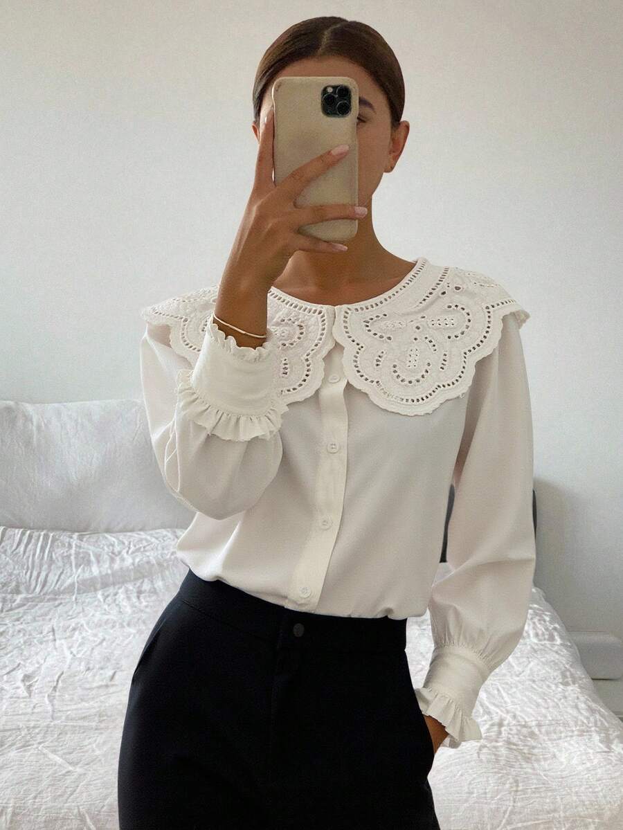 Livesso Eyelet Embroidery Statement Collar Flounce Sleeve Blouse,Long Sleeve Tops,Fall Women Clothes