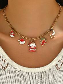 1pc Elegant Lady-Like Colorful Enamel Christmas Santa Claus, Snowman, Reindeer, Bell Pendant Necklace, Stainless Steel Chain, Adjustable Length, Suitable For Young Girls, Daily Wear, Birthday, Christmas, New Year Gift