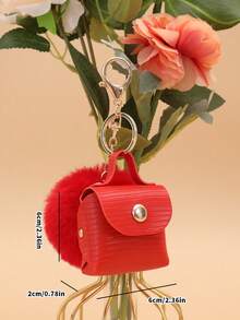 Fashionable And Versatile Bag Charm, Mini Earphone Pouch, Charm Pendant For Women Handbag, Fluffy Pom-Pom Mini Bag Charm Keychain - Red - View 6