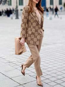 Elegant Vintage Coin Print Casual Commute & Date Thin Blazer For Women