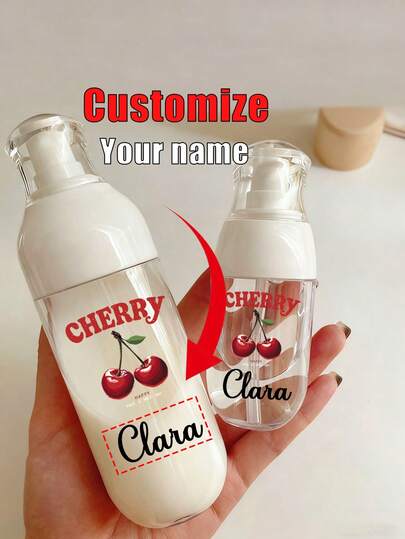 Botella dispensadora de viaje personalizada con lindo patrón de cerezas, envase cosmético rellenable, botella de viaje vacía para champú, gel de ducha, champú y acondicionador, dispensador de loción, adecuado para viajes de negocios, turismo, escuela, compras, playa y otras ocasiones.