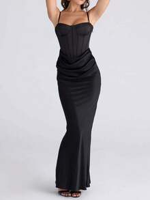 女士缎面吊带紧身派对夜店连衣裙 婚礼 黑色 春季 - 黑色 - 查看 1
