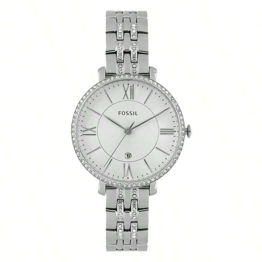 Fossil Jacqueline Kristalle elegante Quarz-Damenuhr ES3545 mit lesbaren römischen Ziffern, silbernes Edelstahlgehäuse, rund, geeignet für täglichen Geschäfts-, Dinner- und Datetragegebrauch, perfektes Geschenk für Mutter, Freundin, Geliebte