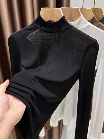 性感纯色半透明网眼女士吊带背心，秋冬季半高领黑色蕾丝上衣