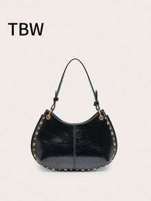 女士新月形极简铆钉装饰PU复古朋克单肩手提包，适合购物 - 黑色 - 查看 1