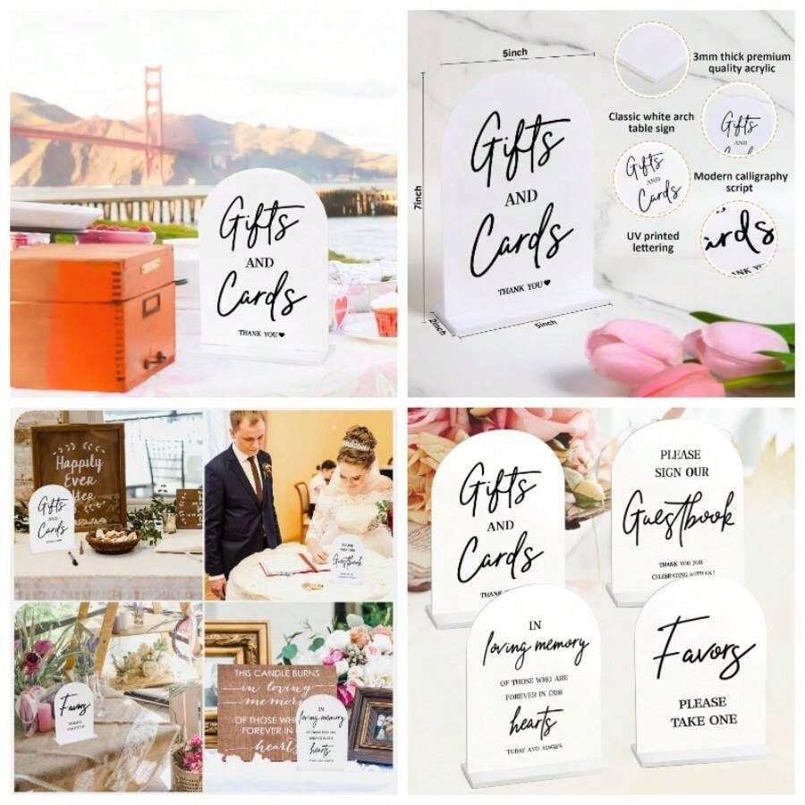 4pcs Acrylic Wedding Signs Ceremony And Reception, 5x7 Inch White Wedding Signage, Guest Book Sign, Cards And Gifts Sign, Please Take One Sign, In Loving Sign, Wedding Reception Decor - 白色壓克力 - 查看 1