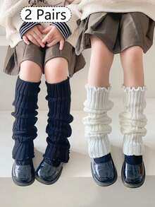 2 双/4 双儿童/青少年针织腿套，罗纹脚踝腿套，保暖腿套，秋冬时尚纯色，白色、黑色、卡其灰色，荷叶边，适合日常穿着和礼物