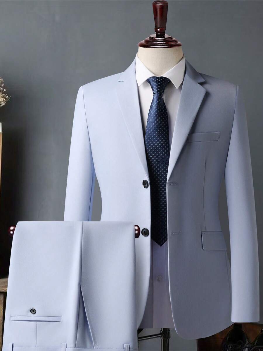 Men's White High-End Suit Set, Wrinkle Resistant And Non Hair Stained, Business Formal Wear, Four Season Commuting, Workplace, Party Dress, Two-Piece Set - Màu xanh nhạt - Xem 1