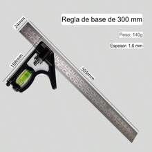 Regla de ángulo de base pequeña WM, regla de medición, juego de reglas combinadas, regla de medición ajustable de 300 mm, regla combinada de ingeniero - Negro - Ver 7