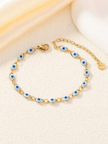 1pc Fashionable Golden Stainless Steel Devil Eye Bead Sliding Bracelet, Handmade With Size Variation