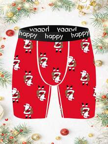 1-Pack Novelty Men's Shorts With Santa Claus Pattern Print, Made Of Polyester Elastic Fabric, Soft And Skin-Friendly, Quick-Drying And Breathable, Perfect Christmas Gift, With Letter Jacquard Waistband, Playful And Cute Home Casual Men's Long Flat-Angle Underwear
