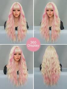 7JHH WIGS Long Wave Blonde & Pink Highlight Wigs For Women - Loose Fluffy Wavy Curly Wig With Bangs, Full Machine High Density Synthetic Heat Resistant Fiber Hair, Exaggerated Style Anime Halloween Costume Wigs For Cosplay Wear, Masquerade Ball & Music Festival Carnival Party Use 26 Inch - 粉色 - 查看 6