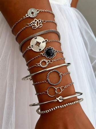 2/4/5/11pcs Retro Octagram Multielemental Bracelet Set, Suitable For Women's Daily Wear, Gift