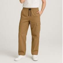 Pantalón de lino con resorte en cintura, corte recto olgado, con bolsas de cargo a los costados - Camel - Ver 1