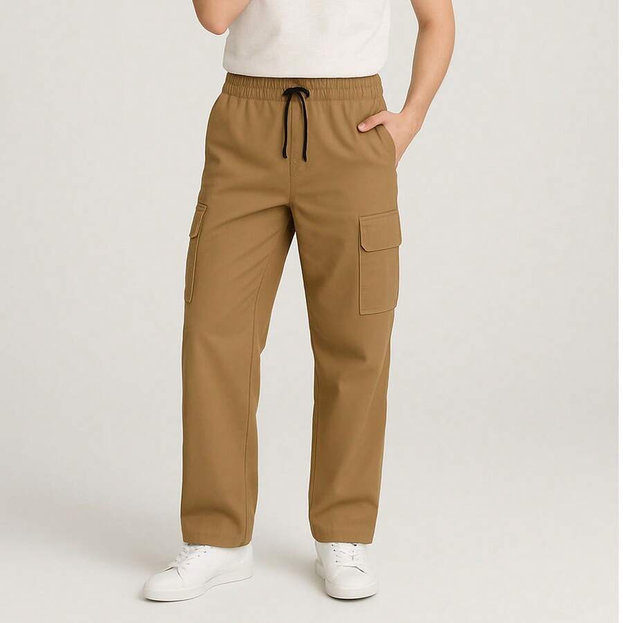 Pantalón de lino con resorte en cintura, corte recto olgado, con bolsas de cargo a los costados - Camel - Ver 1