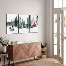 3 قطع طباعة رنة، طباعة كوخ أحمر شمالي شتوي، لوحة فنية لعيد الميلاد، ملصق قماشي إبداعي، لوحة جدارية قماشية مقاومة للماء، لوحة فنية لهدية، غرفة النوم، المكتب، الديكور، المنزل وديكور السكن الجامعي