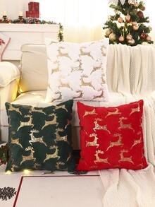 1 buc. Față de pernă decorativă de Crăciun, ren de pluș cu broderie cu paiete aurii, decor rustic pentru canapea în sufragerie, cadou de sărbători, roșu