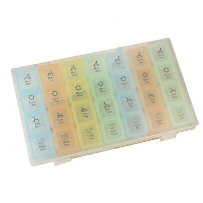 Organizador de comprimidos semanal grande com 28 compartimentos, caixa dispensadora de medicamentos portátil com vedação hermética, estojo para comprimidos de 7 dias.