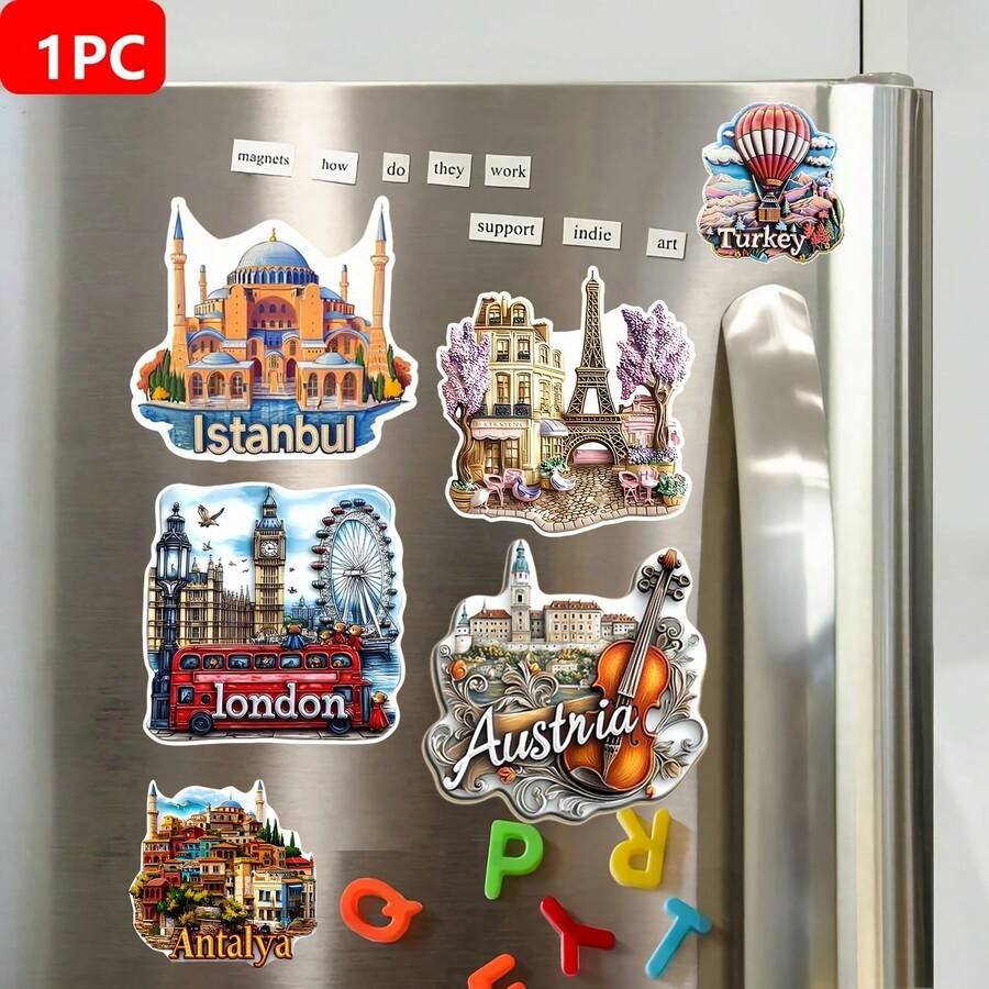 1 件欧洲地标建筑亚克力和橡胶八角形冰箱贴 - 伊斯坦布尔圣索菲亚大教堂、热气球、安塔利亚、埃菲尔铁塔、奥地利、伦敦、厨房、办公室或储物柜的创意家居装饰、送给家人和朋友的完美礼物、可爱的冰箱贴
