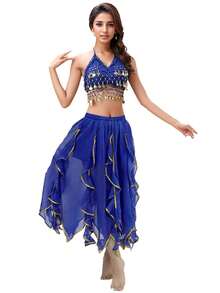 Bộ đồ múa bụng hai mảnh dành cho nữ: Áo croptop hở lưng đính sequin và chân váy chiffon bất đối xứng họa tiết lá sen. - Nhiều màu - Xem 18