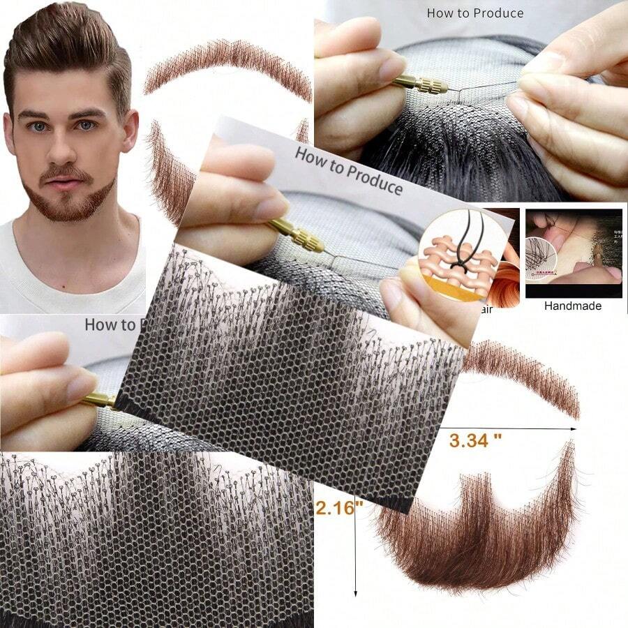 Fake Beard Goatee Beard Realistic 100% Human Hair Full Hand Tied Goatee False Beards Lace Invisible Fake Mustache for Halloween Dressing Men Makeup Entertainment/Drama/Party/Movie Brown - Marrón - Ver 1